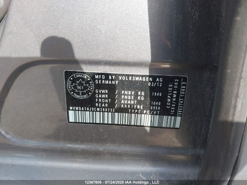 2012 Volkswagen Golf 2.5L Comfortline/2.5L Highline/2.5L Sportline/2.5L Trendline VIN: WVWDA7AJ9CW266732 Lot: 12367605X