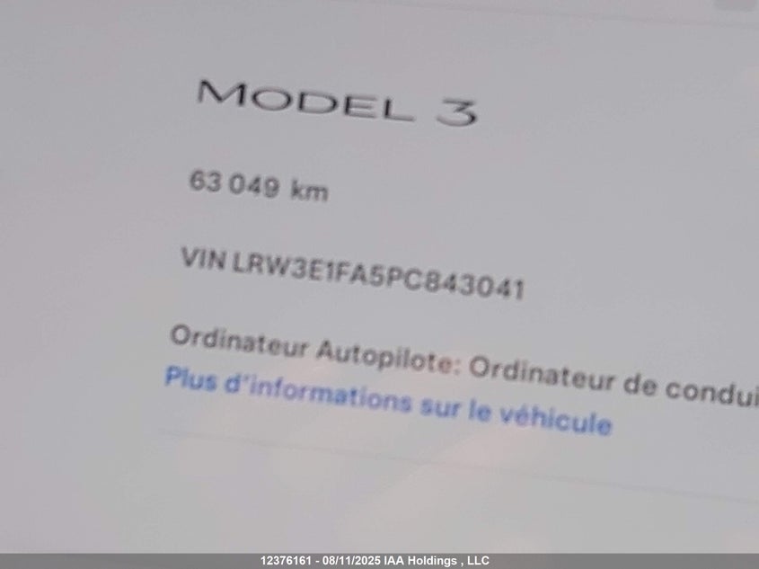 2023 Tesla Model 3 Rwd VIN: LRW3E1FA5PC843041 Lot: 12376161