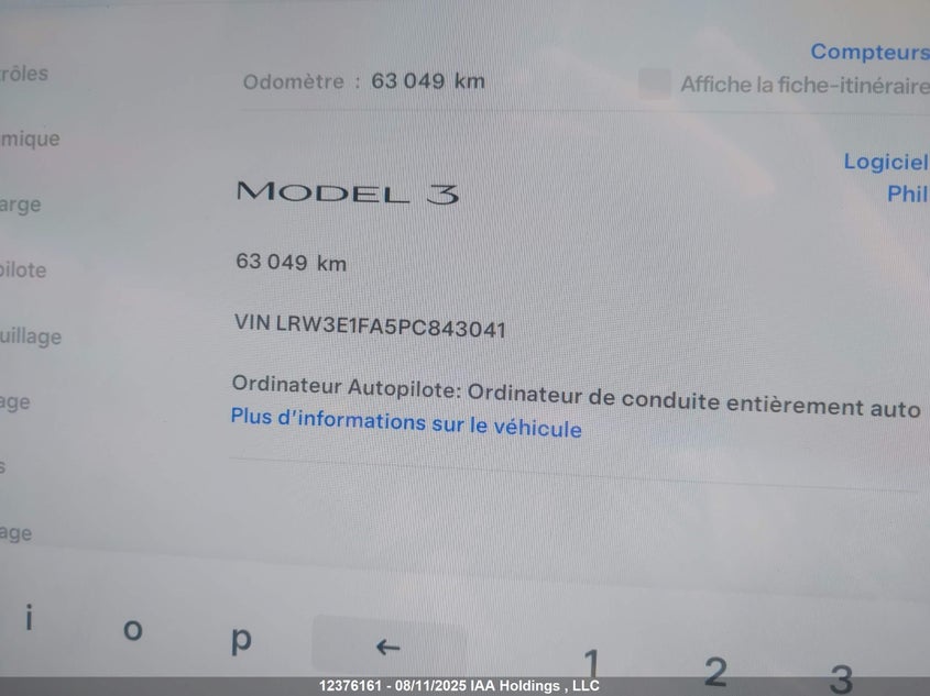 2023 Tesla Model 3 Rwd VIN: LRW3E1FA5PC843041 Lot: 12376161
