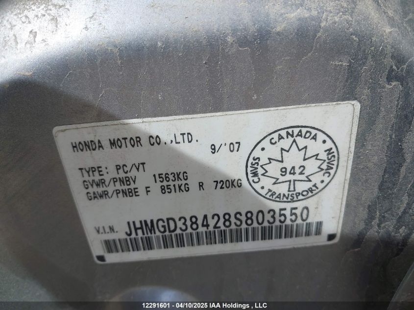 2008 Honda Fit Dx/Lx VIN: JHMGD38428S803550 Lot: 12291601X