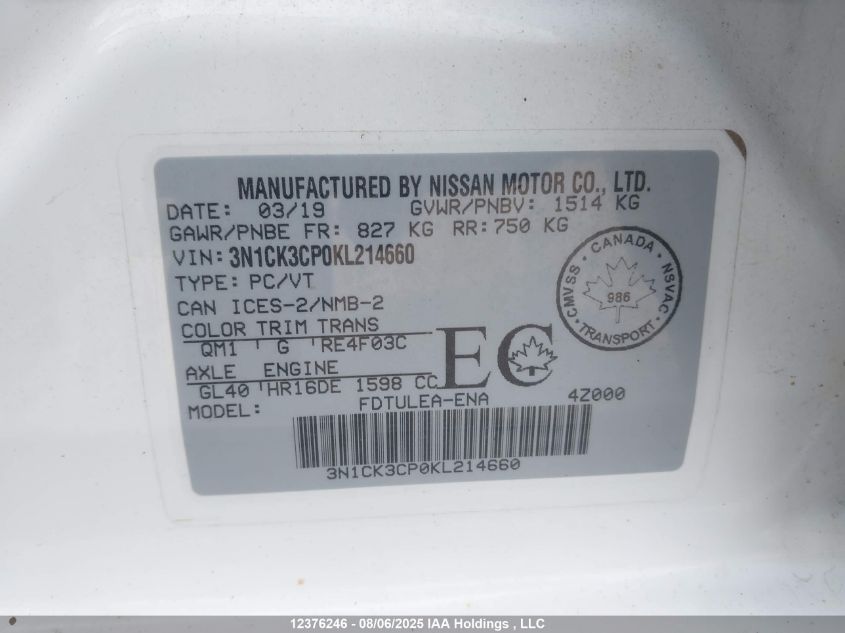 2019 Nissan Micra VIN: 3N1CK3CP0KL214660 Lot: 12376246