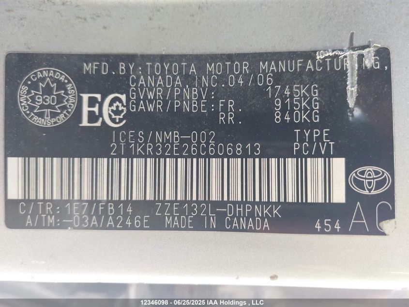 2006 Toyota Matrix Xr/Xrs VIN: 2T1KR32E26C606813 Lot: 12346098X