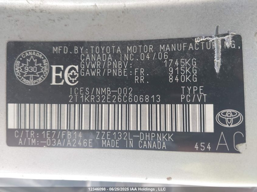 2006 Toyota Matrix Xr/Xrs VIN: 2T1KR32E26C606813 Lot: 12346098X