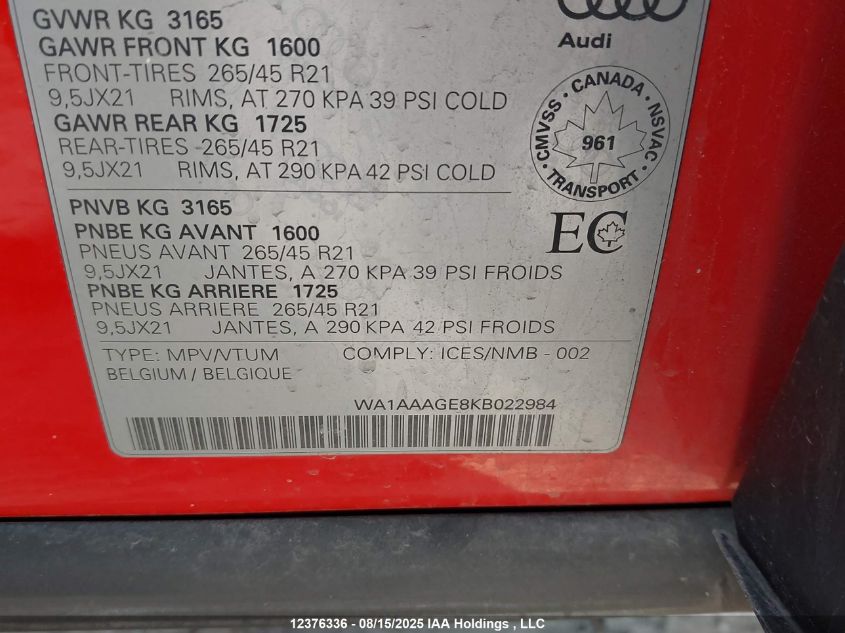 2019 Audi E-Tron Progressiv VIN: WA1AAAGE8KB022984 Lot: 12376336