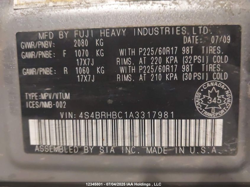 2010 Subaru Outback 2.5I Premium VIN: 4S4BRHBC1A3317981 Lot: 12345801X