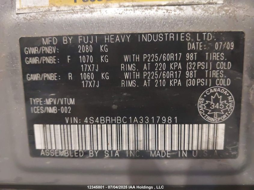2010 Subaru Outback 2.5I Premium VIN: 4S4BRHBC1A3317981 Lot: 12345801X
