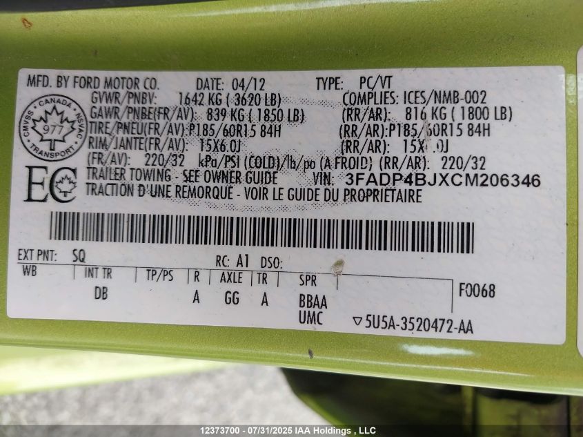 2012 Ford Fiesta Se VIN: 3FADP4BJXCM206346 Lot: 12373700X