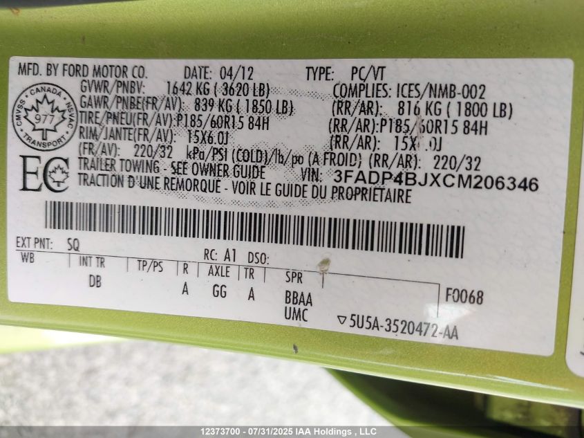 2012 Ford Fiesta Se VIN: 3FADP4BJXCM206346 Lot: 12373700X