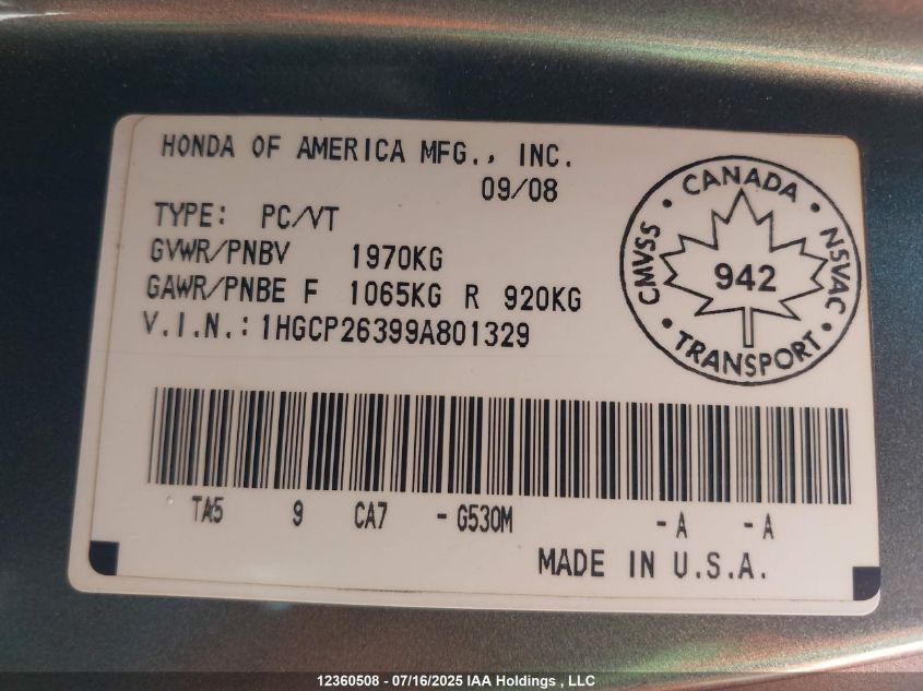 2009 Honda Accord Lx VIN: 1HGCP26399A801329 Lot: 12360508X