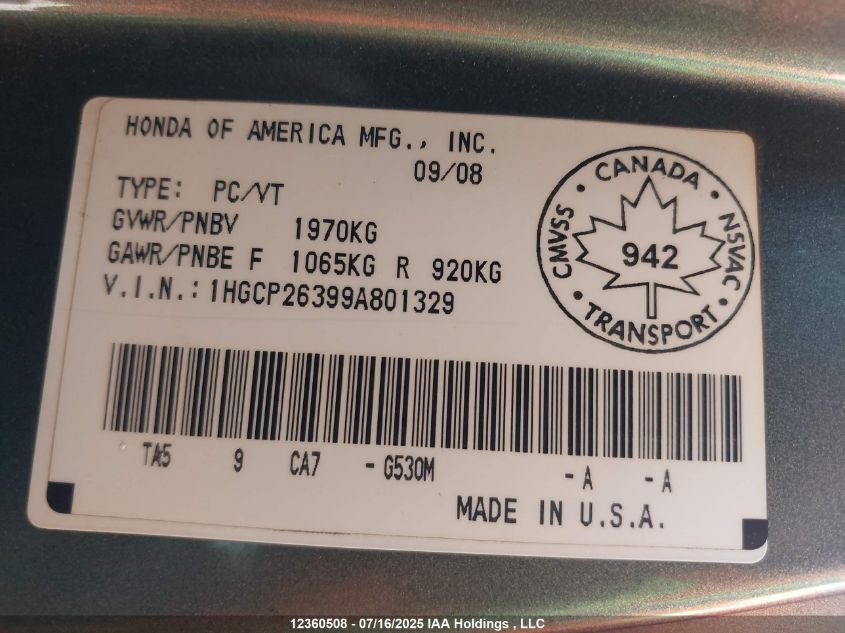 2009 Honda Accord Lx VIN: 1HGCP26399A801329 Lot: 12360508X