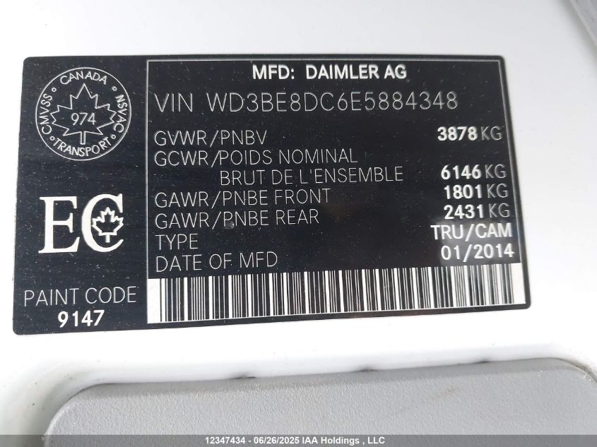 2014 Mercedes-Benz Sprinter 2500 High Roof VIN: WD3BE8DC6E5884348 Lot: 12347434X