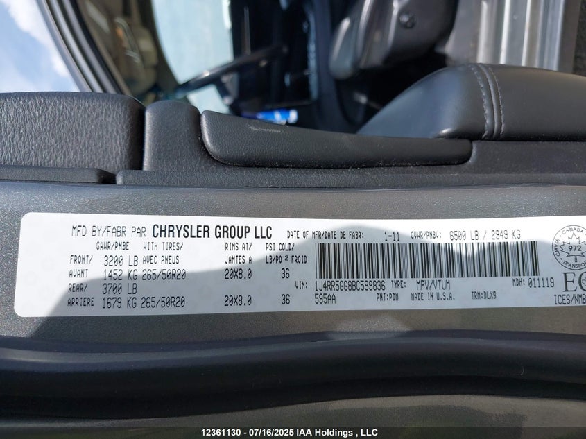 2011 Jeep Grand Cherokee Limited VIN: 1J4RR5GG8BC599836 Lot: 12361130X