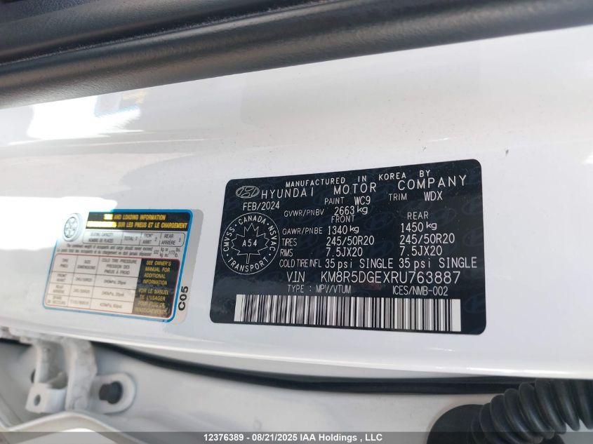 2024 Hyundai Palisade Limited VIN: KM8R5DGEXRU763887 Lot: 12376389