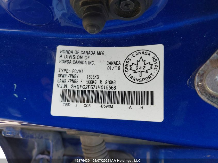2018 Honda Civic Lx VIN: 2HGFC2F67JH015568 Lot: 12376430