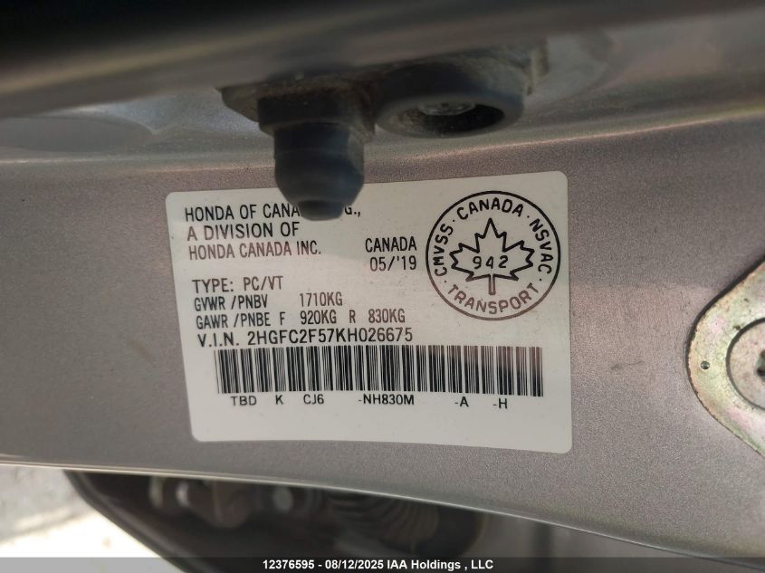 2019 Honda Civic Lx VIN: 2HGFC2F57KH026675 Lot: 12376595