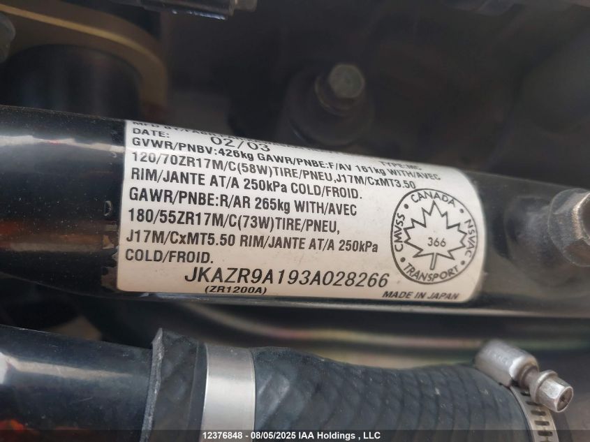 2003 Kawasaki Zr1200 A VIN: JKAZR9A193A028266 Lot: 12376848