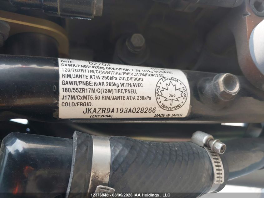 2003 Kawasaki Zr1200 A VIN: JKAZR9A193A028266 Lot: 12376848