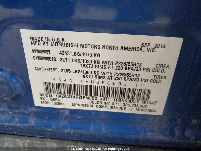 2015 Mitsubishi Rvr Gt/Se VIN: 4A4AJ4AU2FE603112 Lot: 12376900