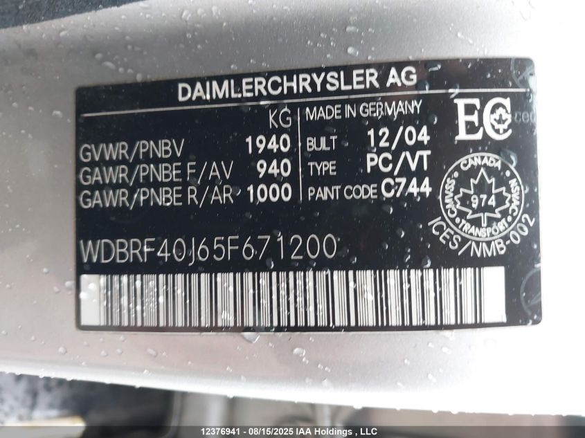 2005 Mercedes-Benz C 230 Sport VIN: WDBRF40J65F671200 Lot: 12376941