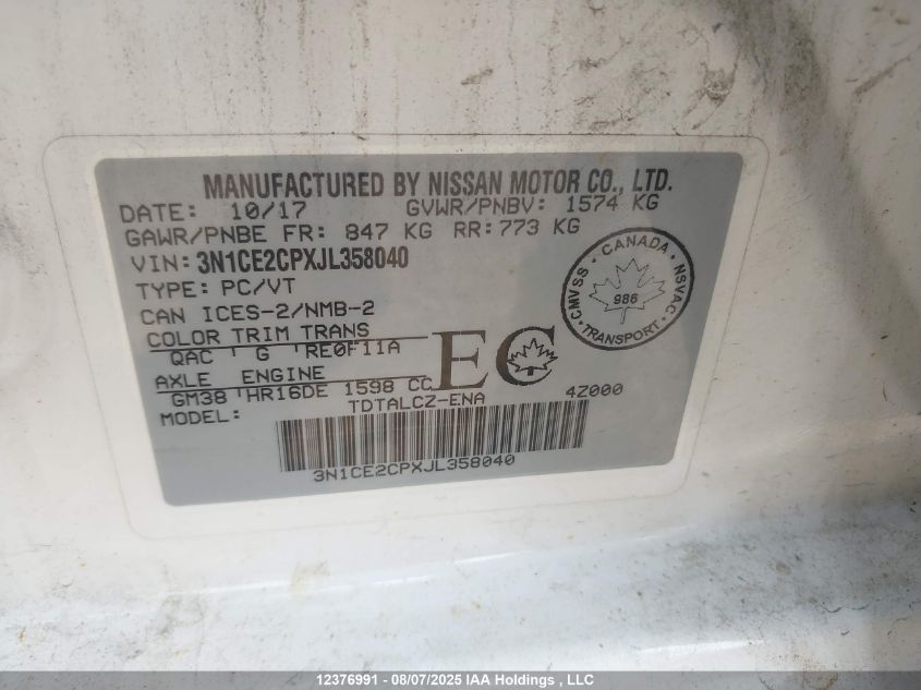 2018 Nissan Versa Note S/Sr/Sv VIN: 3N1CE2CPXJL358040 Lot: 12376991