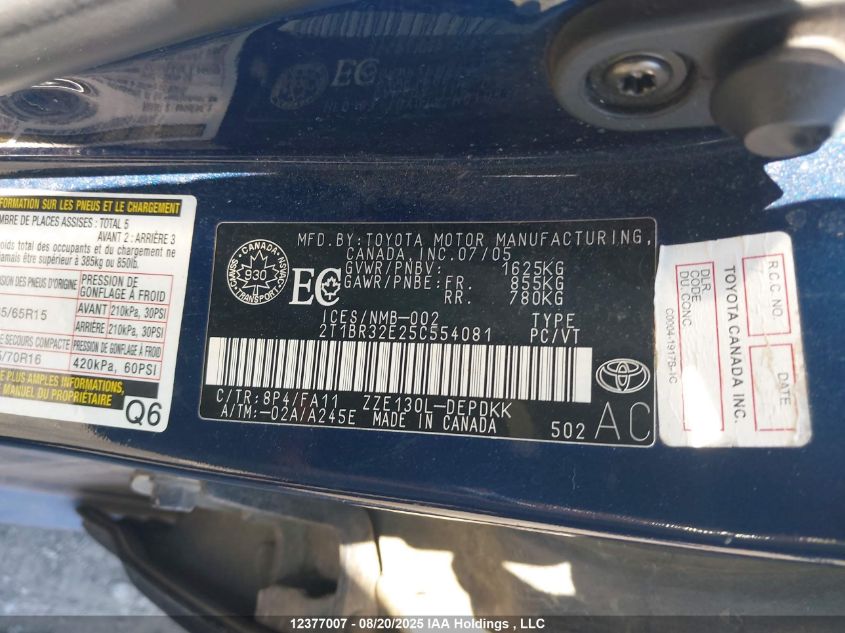 2005 Toyota Corolla Ce/Le/S VIN: 2T1BR32E25C554081 Lot: 12377007