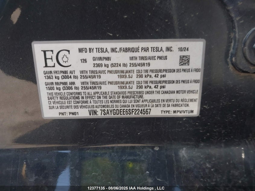2025 Tesla Model Y VIN: 7SAYGDEE6SF224567 Lot: 12377135