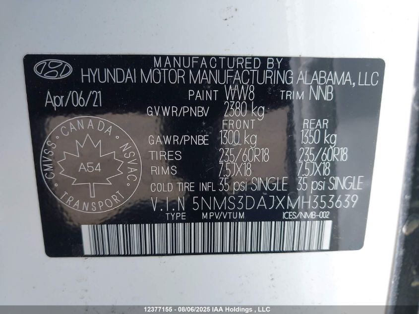 2021 Hyundai Santa Fe Sel VIN: 5NMS3DAJXMH353639 Lot: 12377155