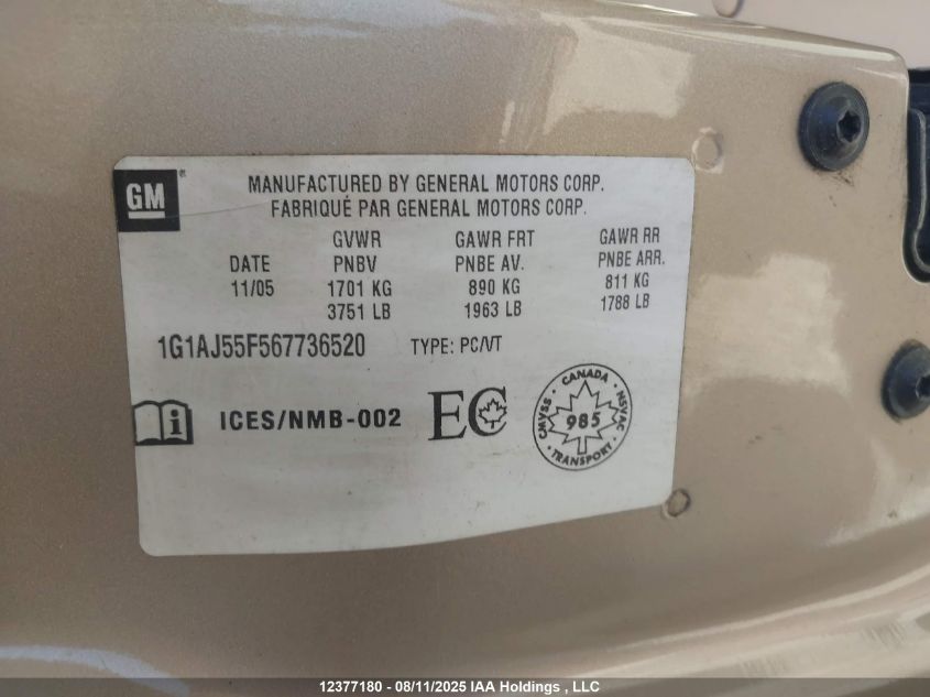 2006 Chevrolet Cobalt Ls VIN: 1G1AJ55F567736520 Lot: 12377180