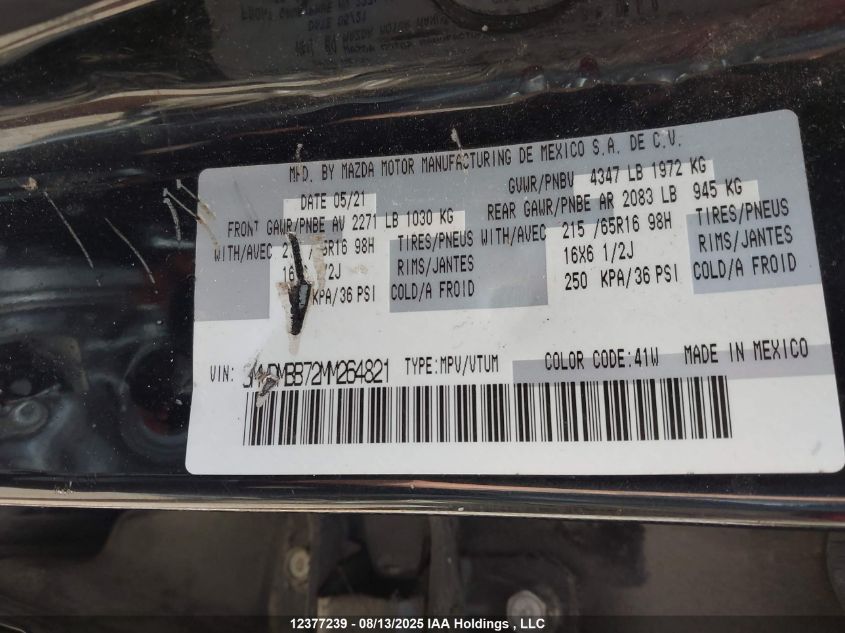 2021 Mazda Cx-30 Gx VIN: 3MVDMBB72MM264821 Lot: 12377239