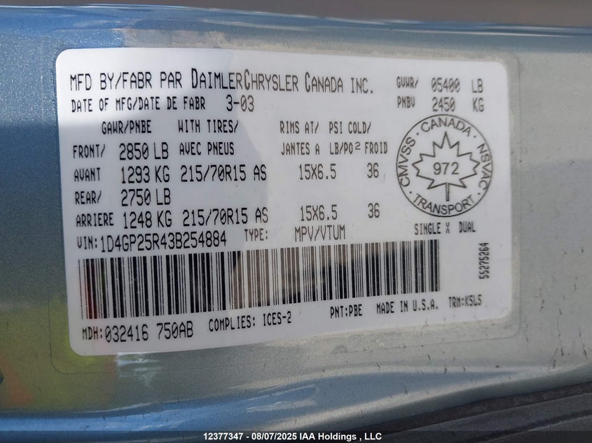 1D4GP25R43B254884 2003 DODGE CARAVAN photo no. 9