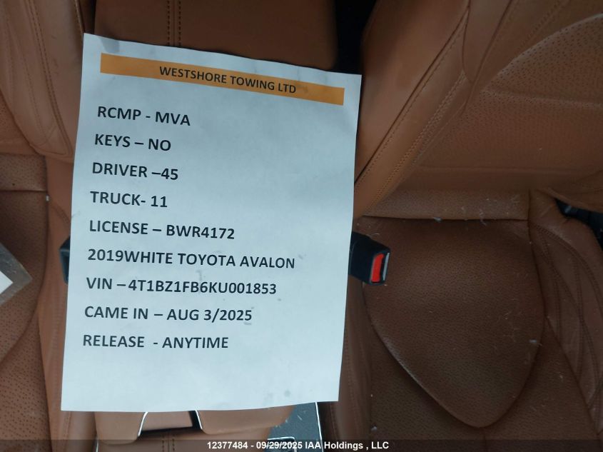 2019 Toyota Avalon Xle/Xse/Limited/Touring VIN: 4T1BZ1FB6KU001853 Lot: 12377484