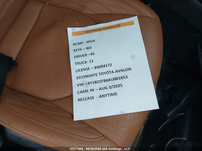 2019 Toyota Avalon Xle/Xse/Limited/Touring VIN: 4T1BZ1FB6KU001853 Lot: 12377484