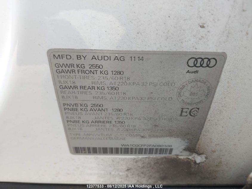 2015 Audi Sq5 Premium Plus VIN: WA1CGCFP2FA080106 Lot: 12377533