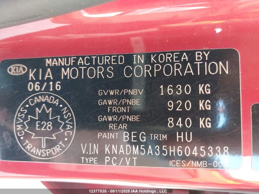 2017 Kia Rio Lx VIN: KNADM5A35H6045338 Lot: 12377535