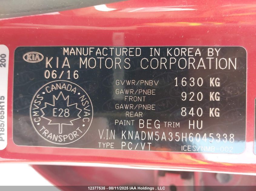 2017 Kia Rio Lx VIN: KNADM5A35H6045338 Lot: 12377535