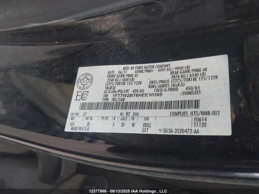 2017 Ford F250 Super Duty VIN: 1FT7W2BT6HEE10395 Lot: 12377568