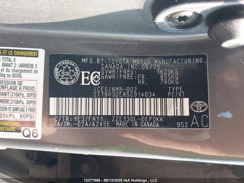 2005 Toyota Corolla Ce/Le/S VIN: 2T1BR32E85C914034 Lot: 12377666