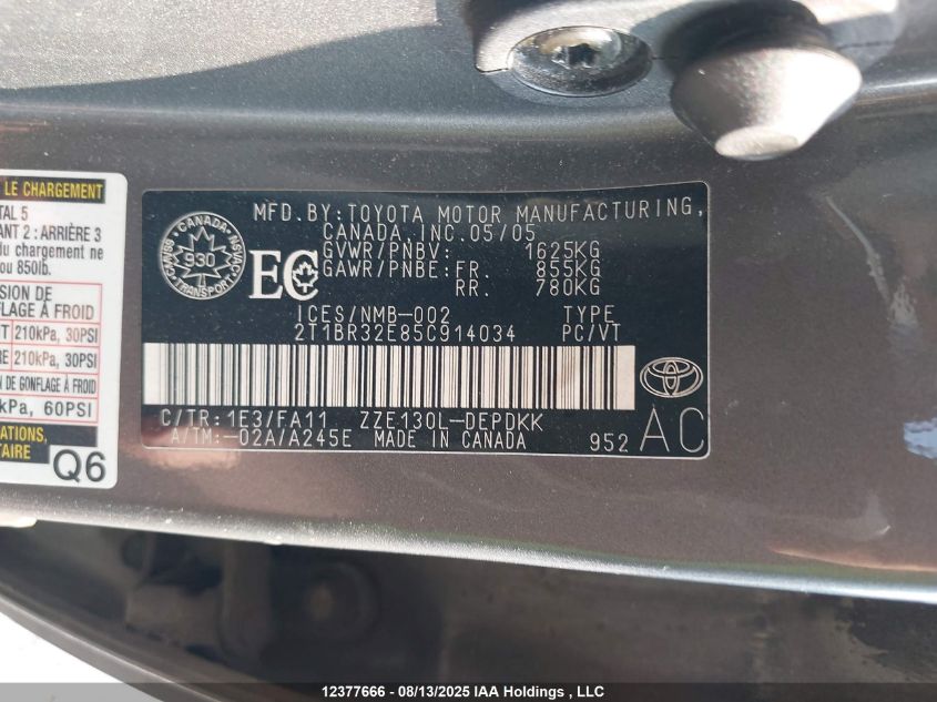 2005 Toyota Corolla Ce/Le/S VIN: 2T1BR32E85C914034 Lot: 12377666