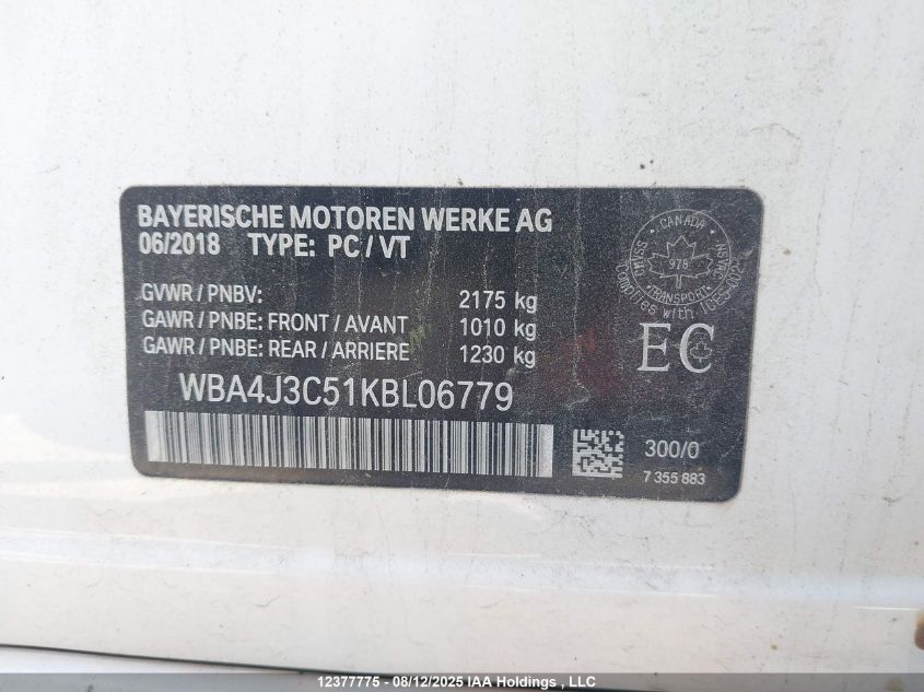 2019 BMW 430Xi Gran Coupe VIN: WBA4J3C51KBL06779 Lot: 12377775