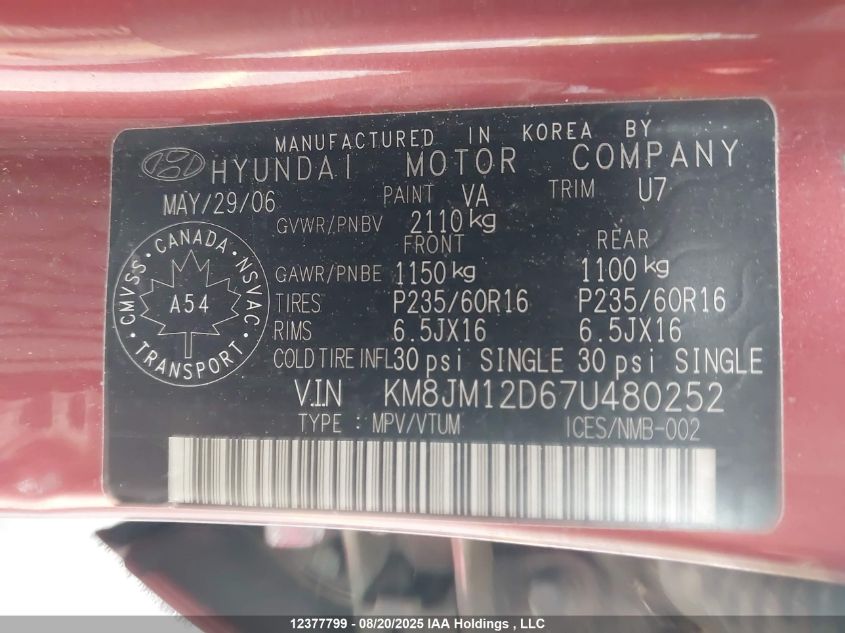 2007 Hyundai Tucson Gl VIN: KM8JM12D67U480252 Lot: 12377799