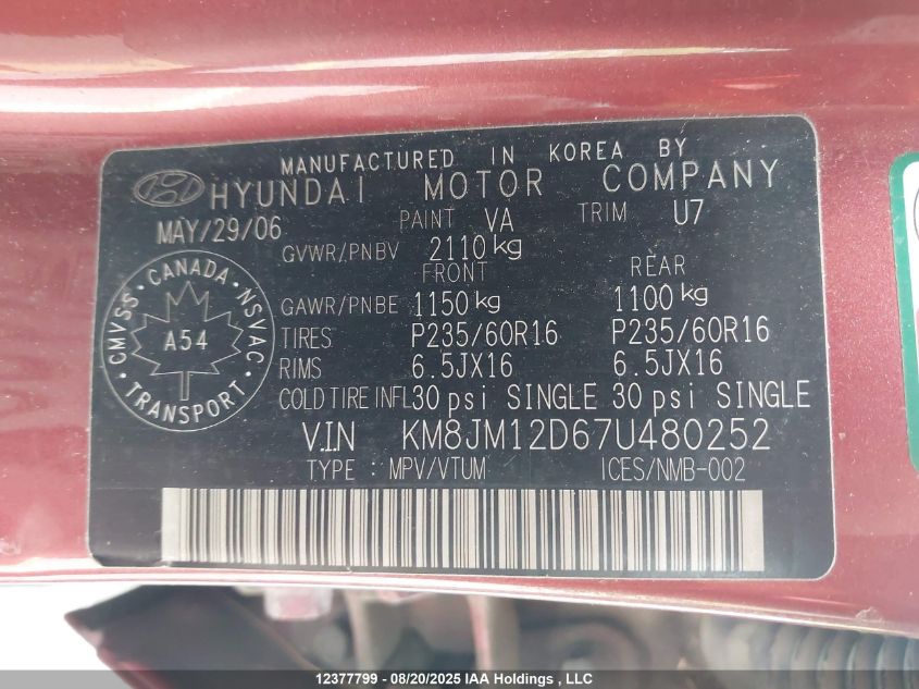 2007 Hyundai Tucson Gl VIN: KM8JM12D67U480252 Lot: 12377799