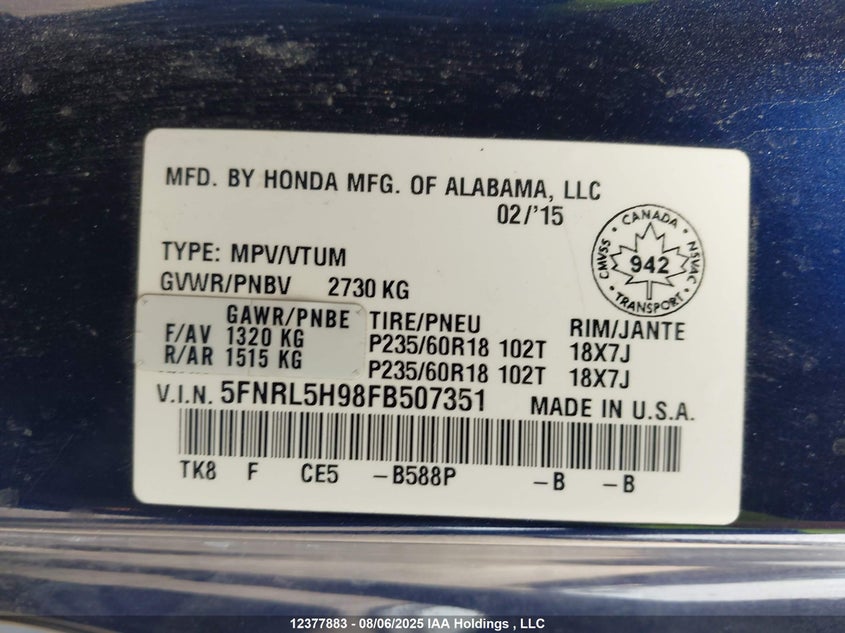 2015 Honda Odyssey Touring VIN: 5FNRL5H98FB507351 Lot: 12377883