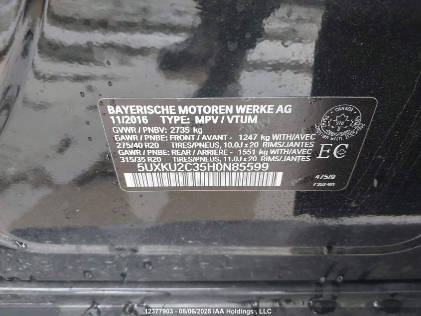 2017 BMW X6 xDrive35I VIN: 5UXKU2C35H0N85599 Lot: 12377903