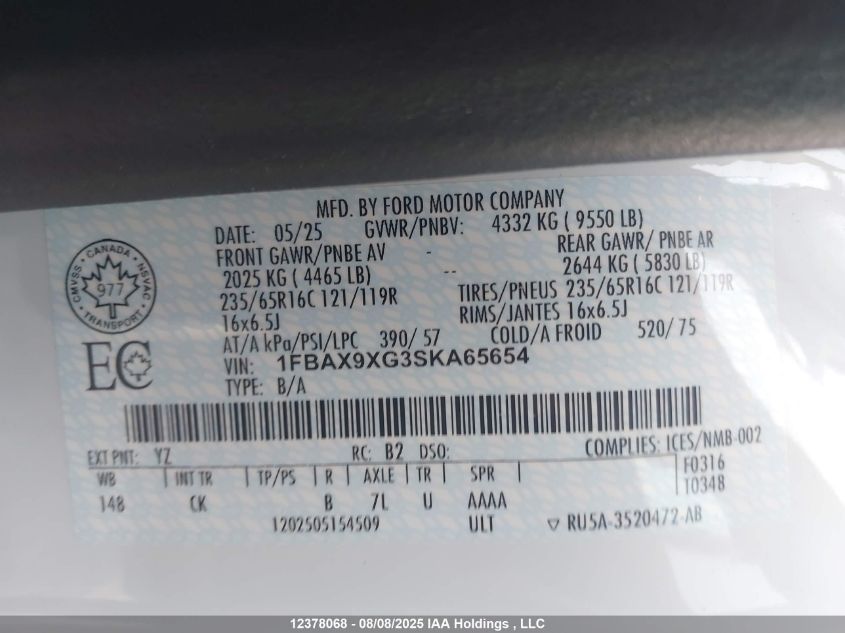 2025 Ford Transit T-350 VIN: 1FBAX9XG3SKA65654 Lot: 12378068
