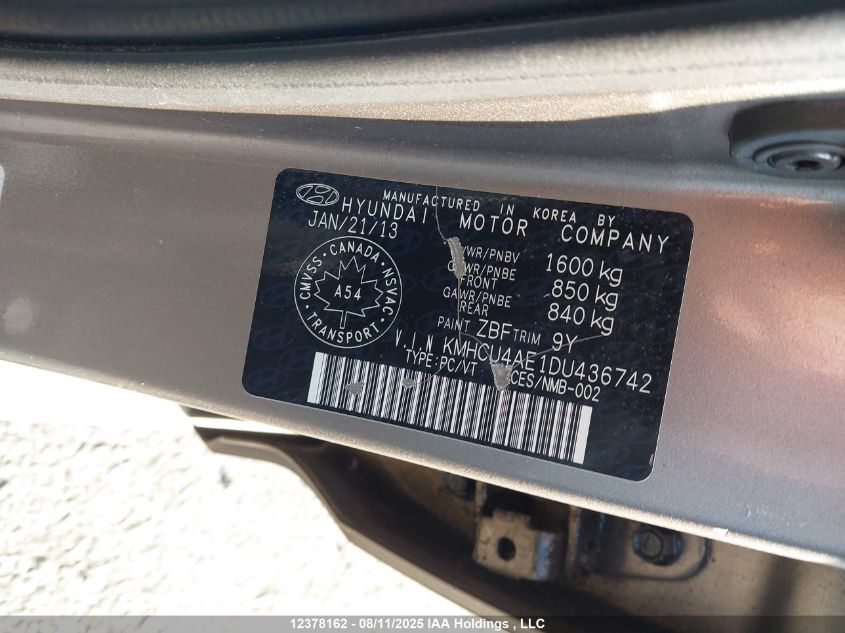 2013 Hyundai Accent Gls/Se VIN: KMHCU4AE1DU436742 Lot: 12378162