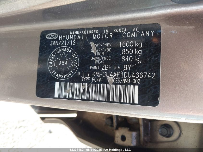 2013 Hyundai Accent Gls/Se VIN: KMHCU4AE1DU436742 Lot: 12378162