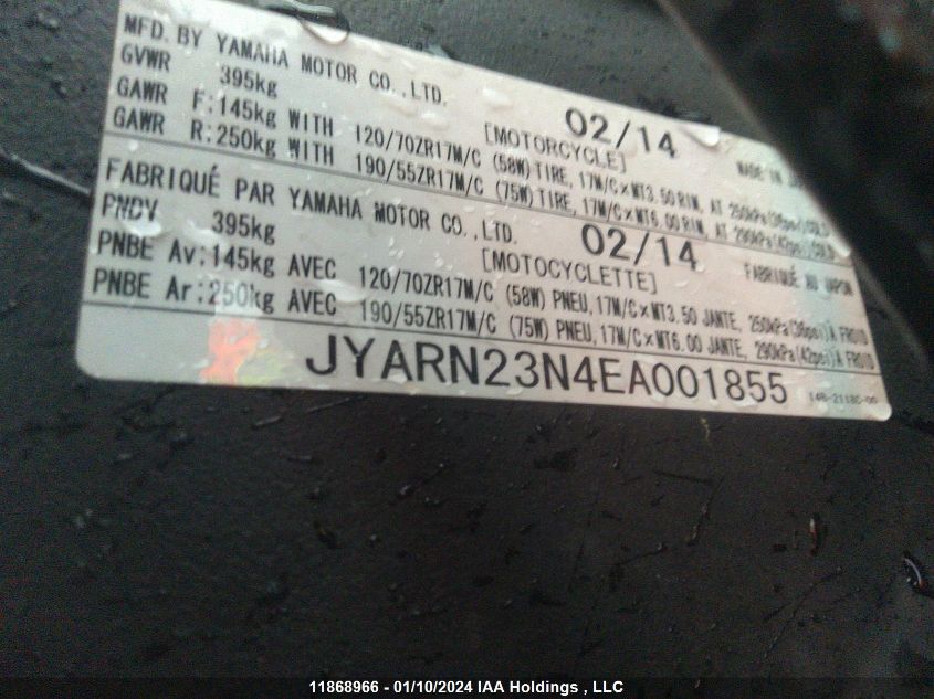 2014 Yamaha Yzfr1 VIN: JYARN23N4EA001855 Lot: 11868966X