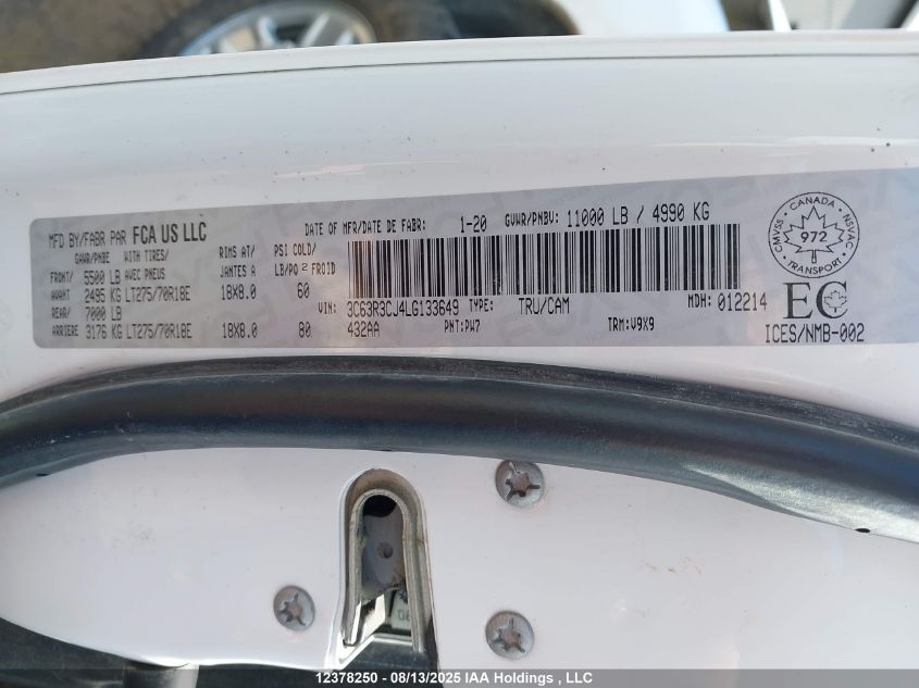 2020 Ram 3500 Tradesman VIN: 3C63R3CJ4LG133649 Lot: 12378250