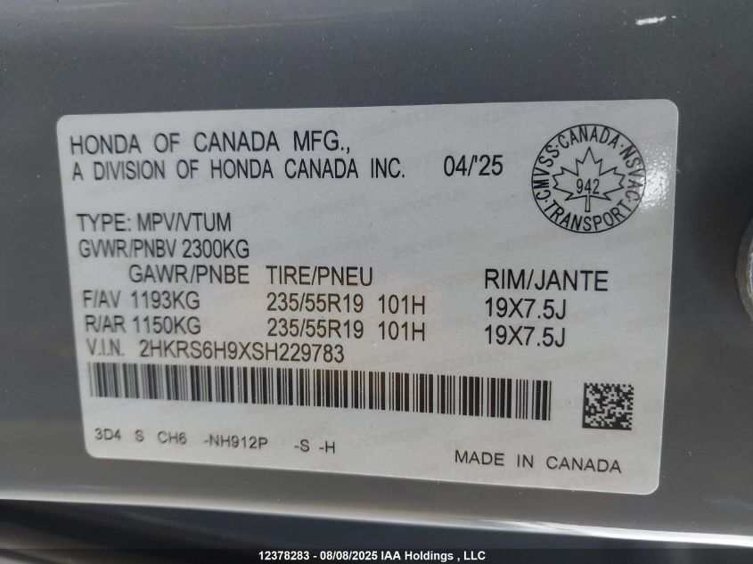 2025 Honda Cr-V Touring Hybrid VIN: 2HKRS6H9XSH229783 Lot: 12378283