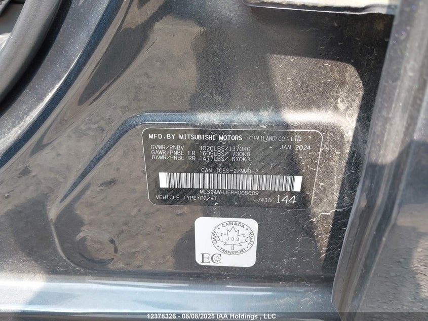 2024 Mitsubishi Mirage Se/Black Edition/Ralliart VIN: ML32AWHJ6RH008689 Lot: 12378326